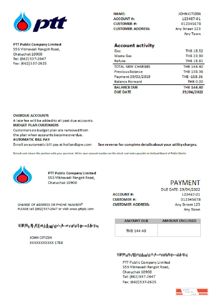 Thailand PTT gas utility bill template in Word and PDF format